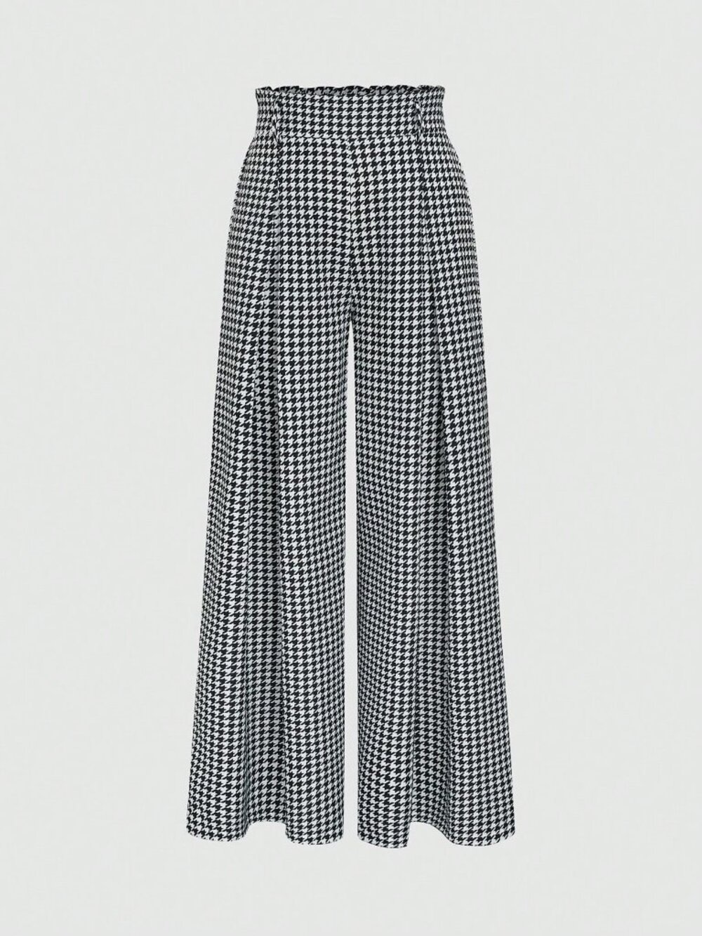 Black And White Casual Women's Houndstooth Mid-Waist Wide Leg Trousers - Picture 4 of 7
